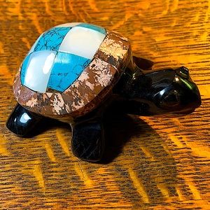 TURTLE BLACK OBSIDIAN CARVED CRYSTAL INLAY TURQUOISE MOTHER OF PEARL RHODOLITE